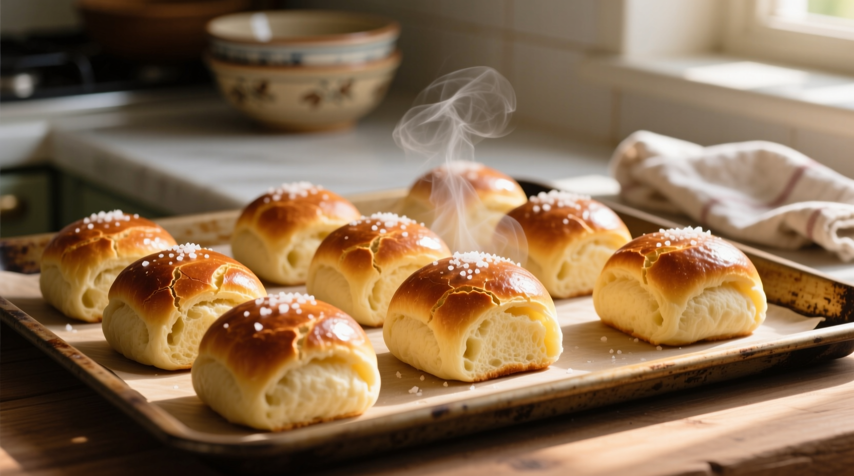 Perfect golden potato yeast rolls on baking sheet