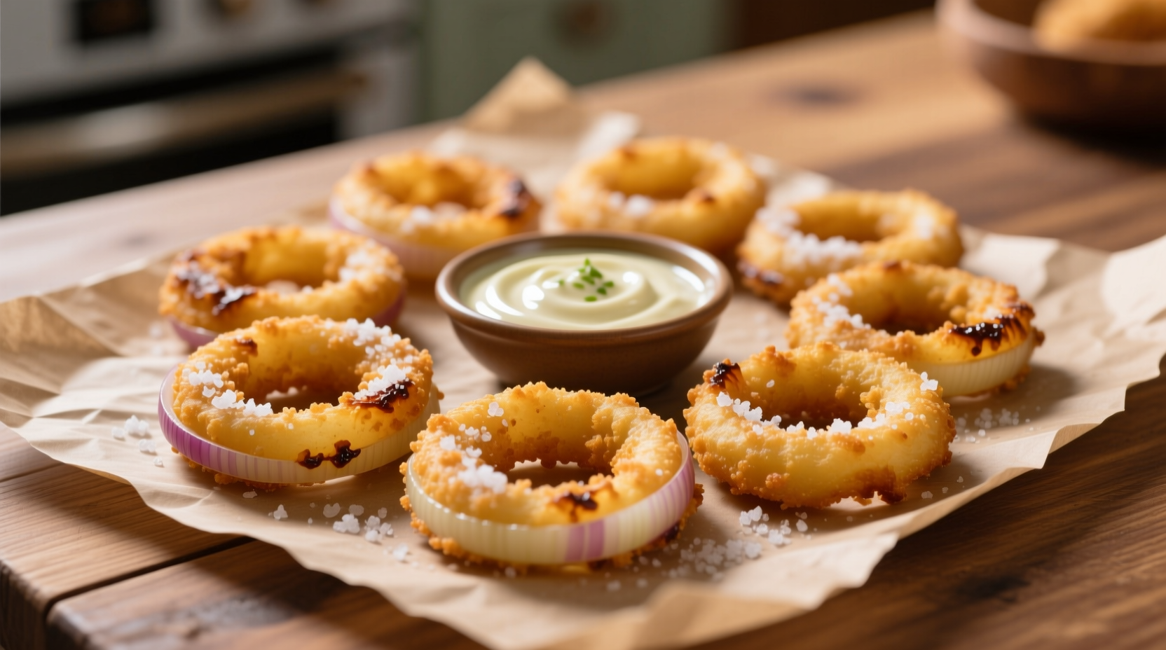 Homemade onion rings chips on parchment paper