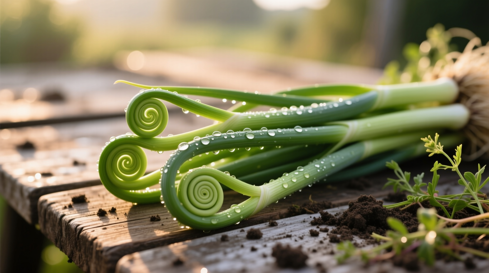 Freshly harvested garlic scapes with curling green stalks