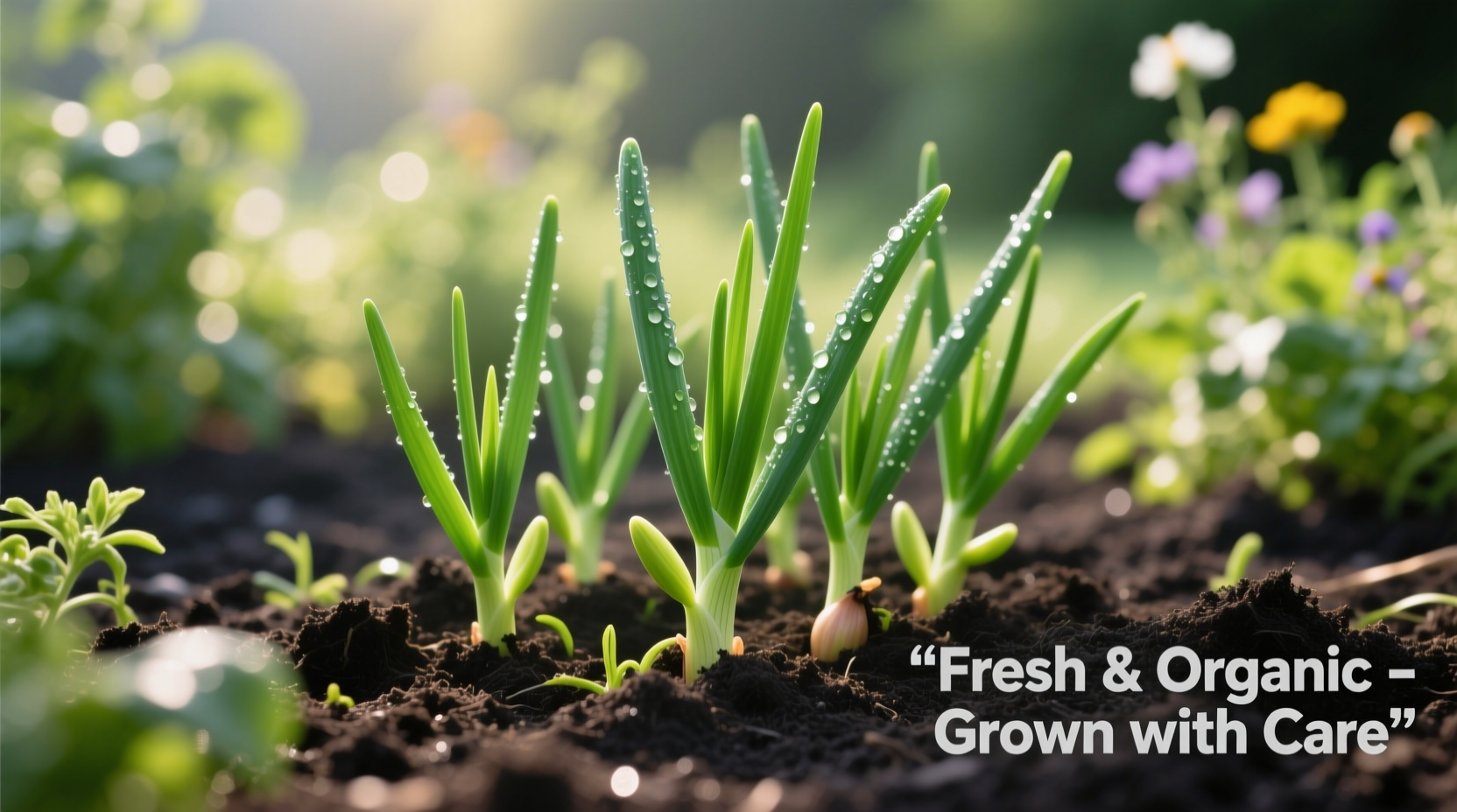 Green onion seedlings growing in garden bed