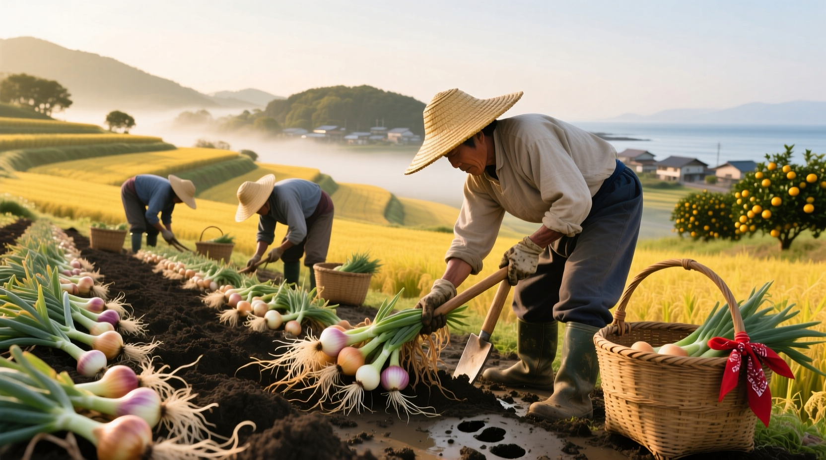 Shōdoshima farmers harvesting sweet onions in spring