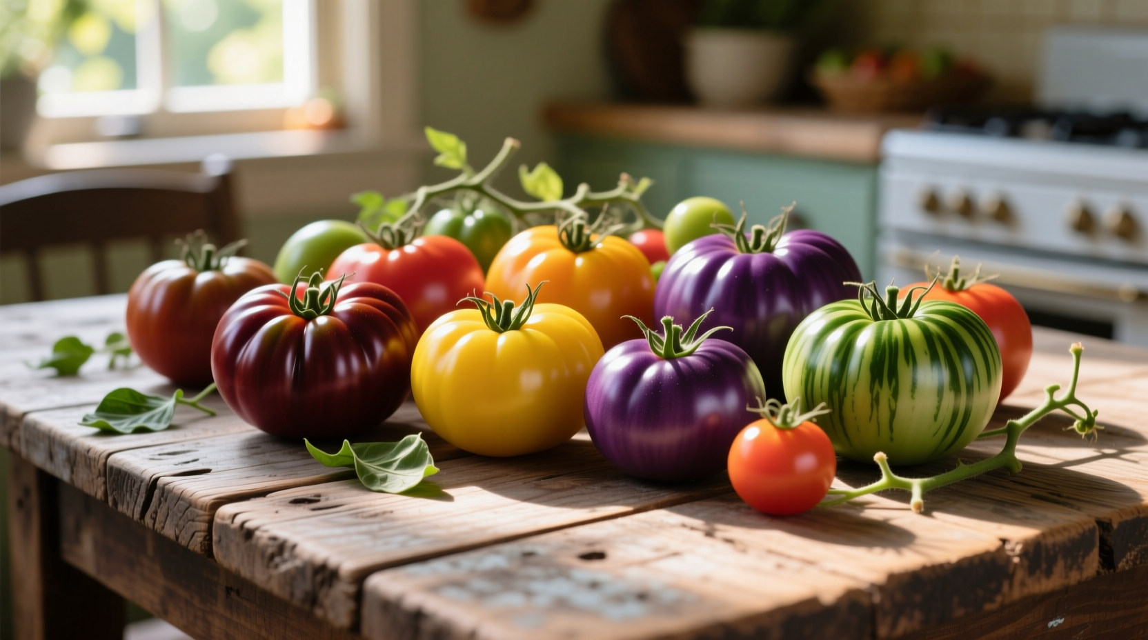 Colorful assortment of heirloom tomato varieties on wooden table