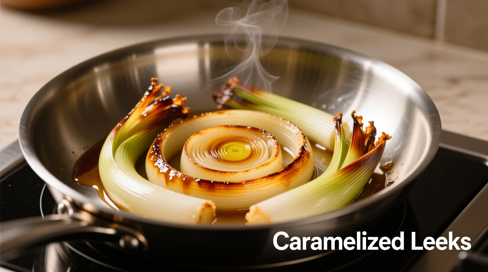 Perfectly caramelized leeks in stainless steel pan