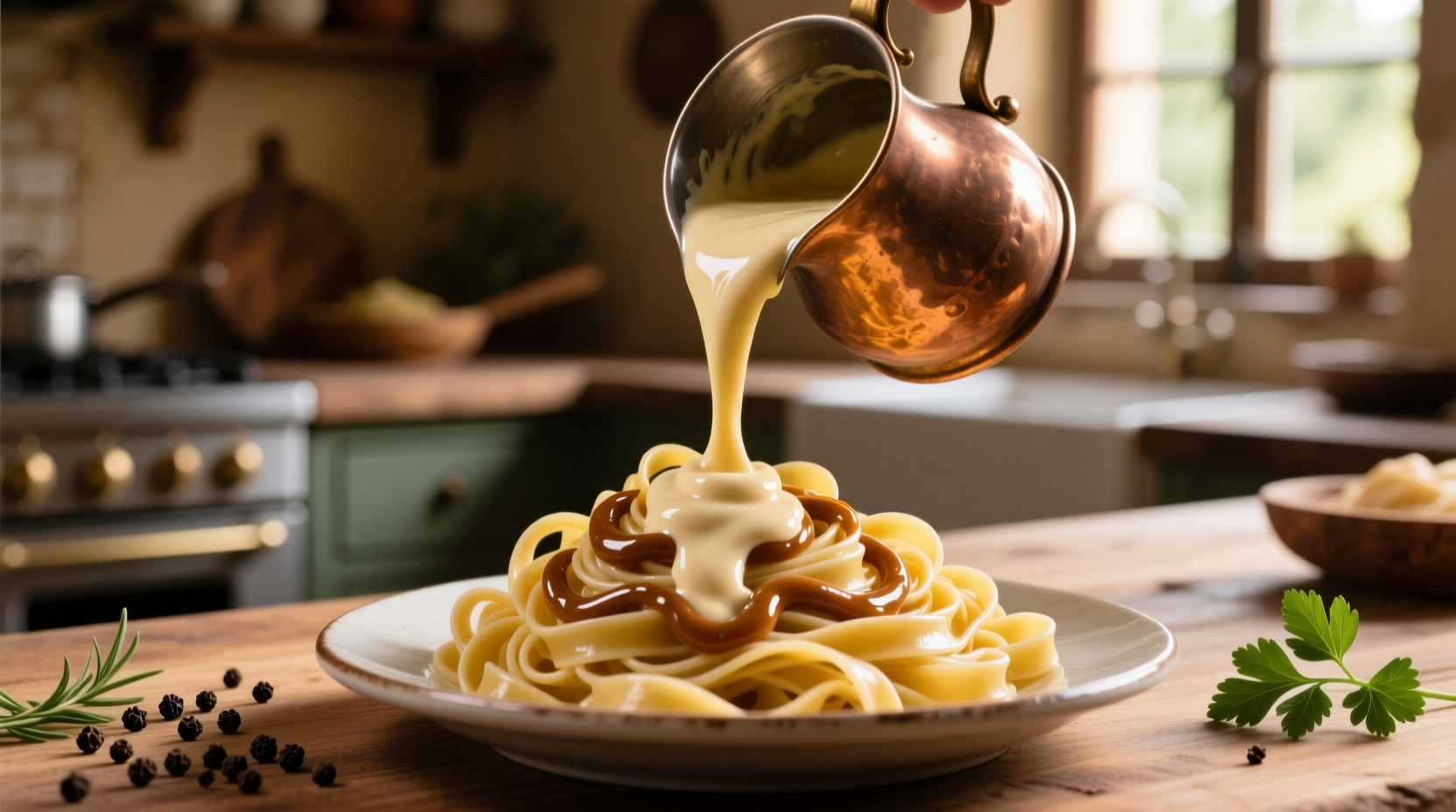 Creamy garlic sauce being poured over fettuccine