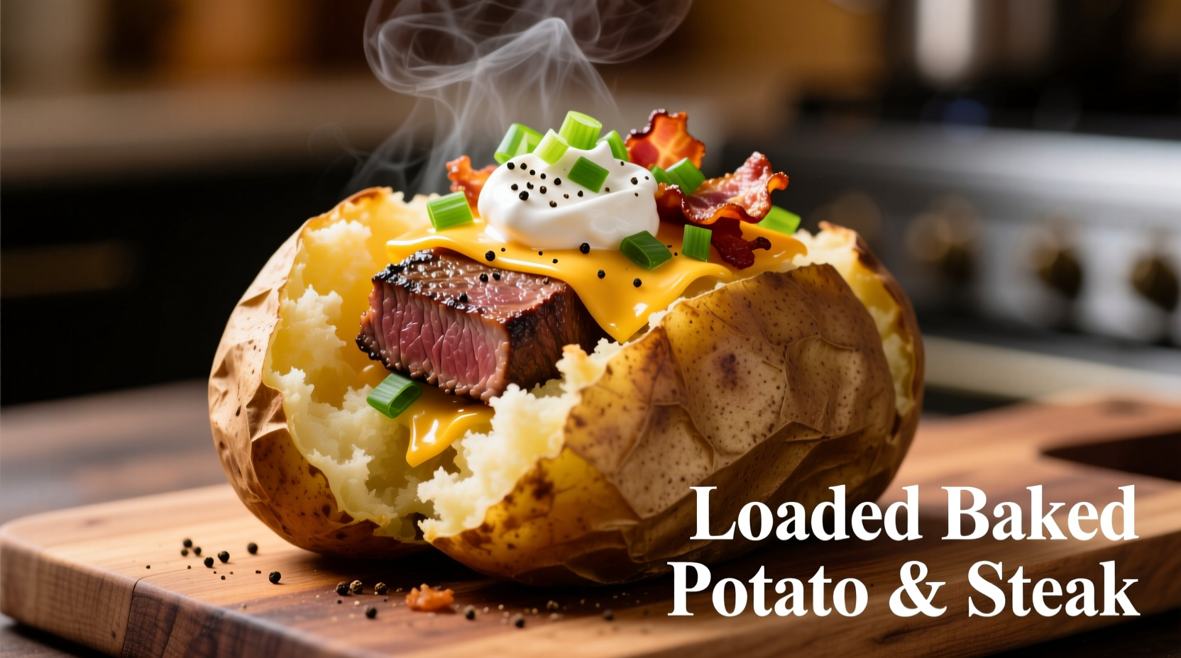 Loaded baked potato with steak and toppings