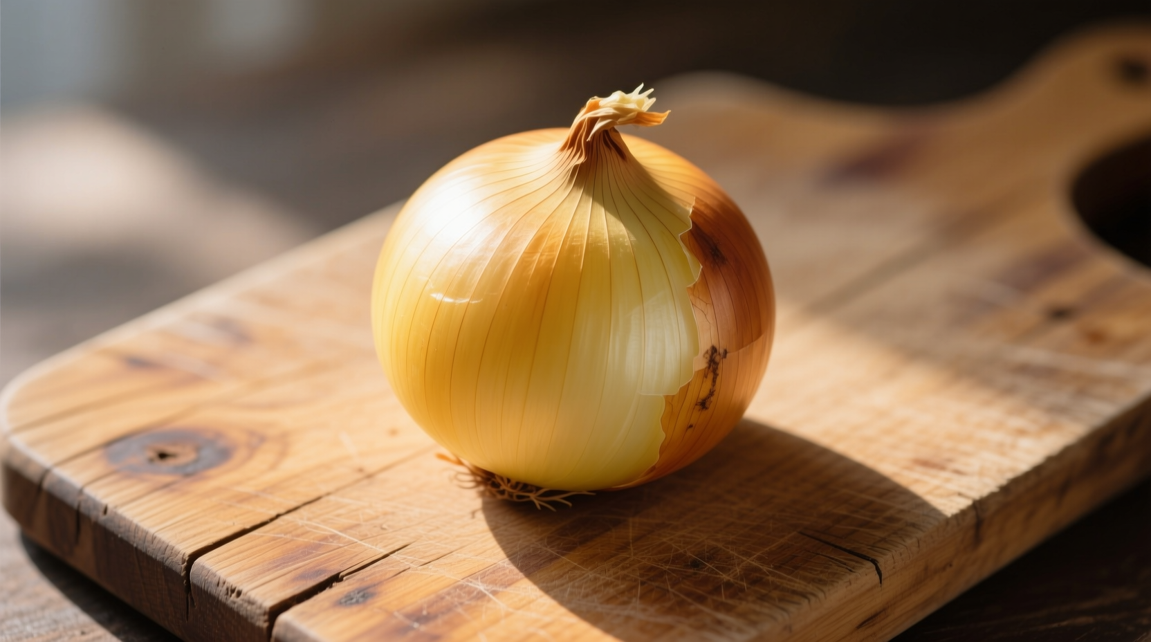 Fresh yellow onion on wooden cutting board