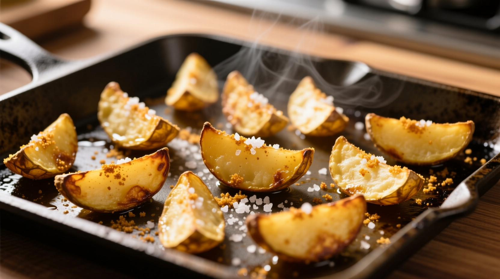 Golden crispy potato wedges on baking sheet
