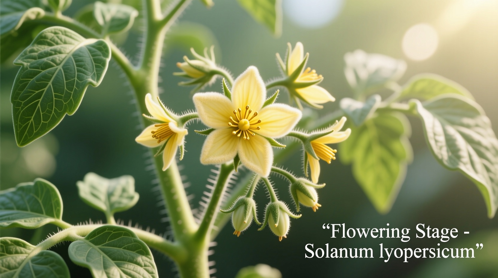 Tomato plant flowering stage with yellow blossoms