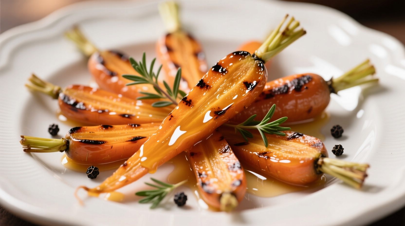 Golden honey garlic roasted carrots on white plate