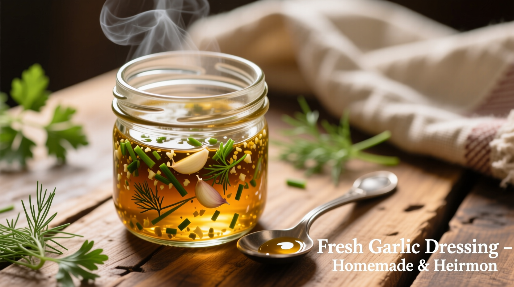 Homemade garlic dressing in glass jar with fresh herbs