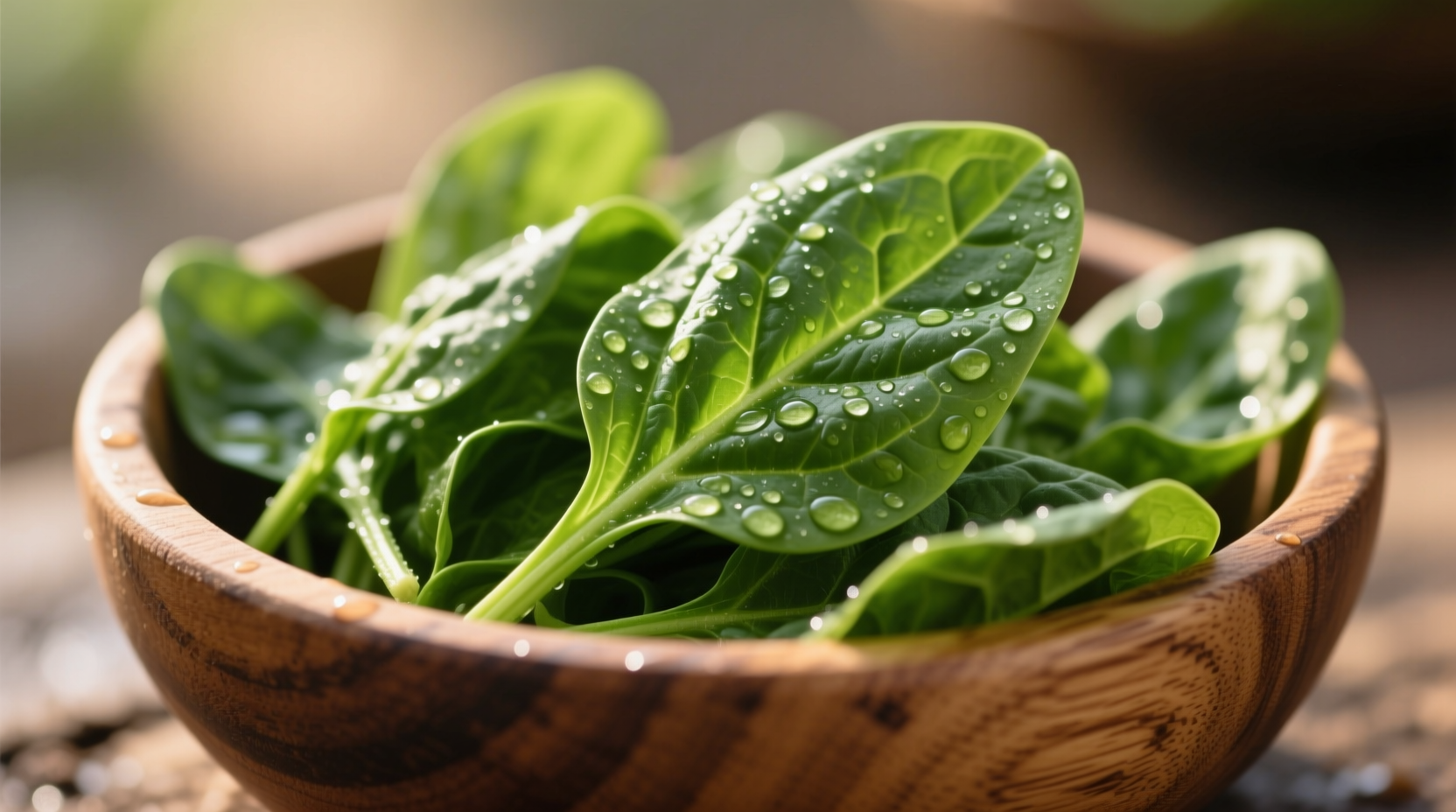Fresh raw spinach leaves in a wooden bowl