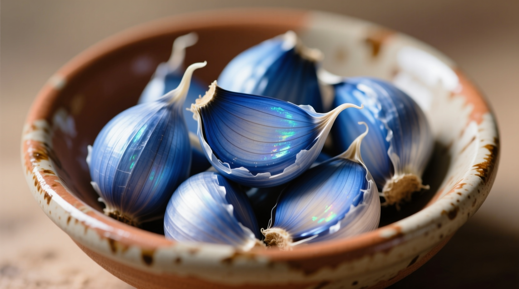 Close-up of blue garlic cloves in a ceramic bowl