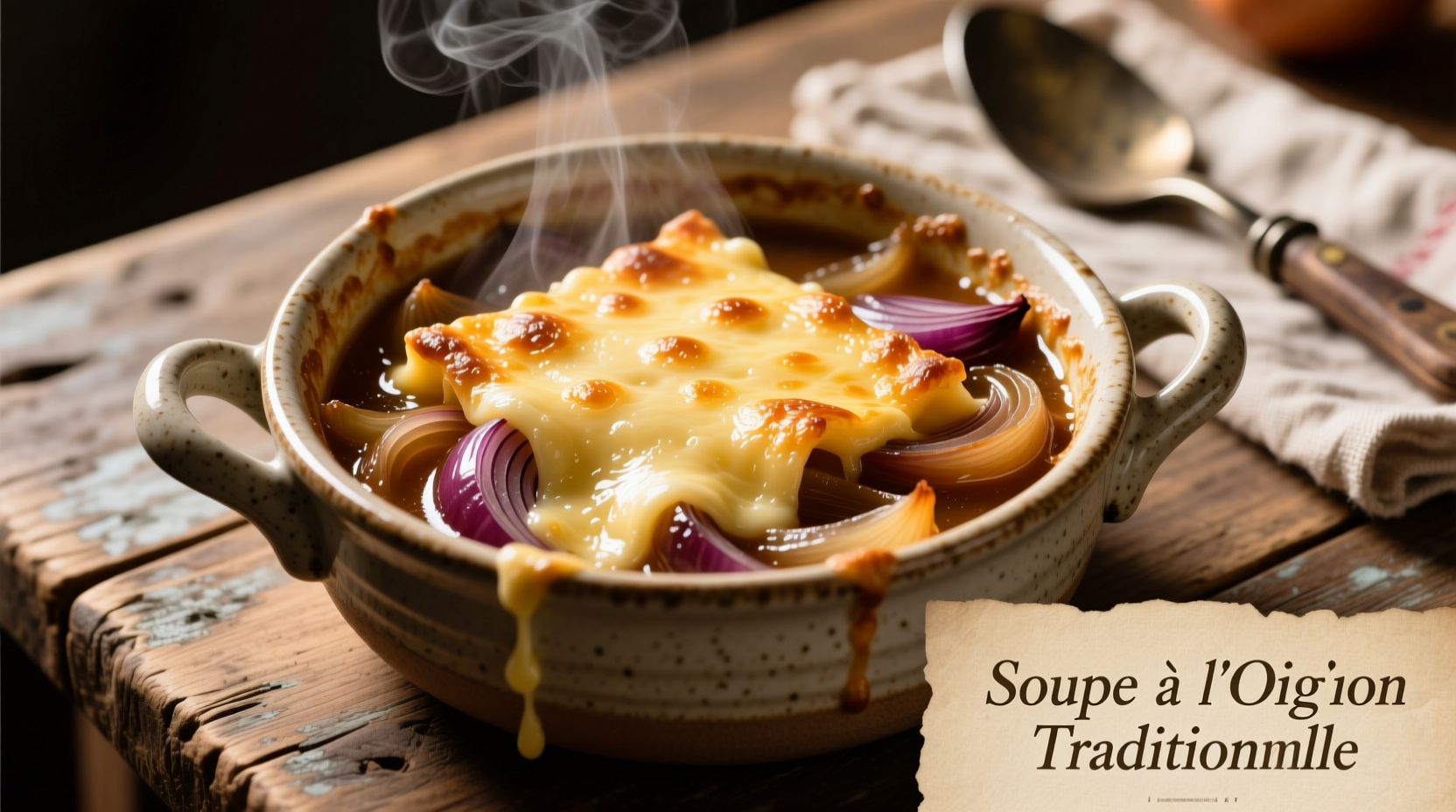 Traditional French onion soup bowl with handles showing melted cheese topping