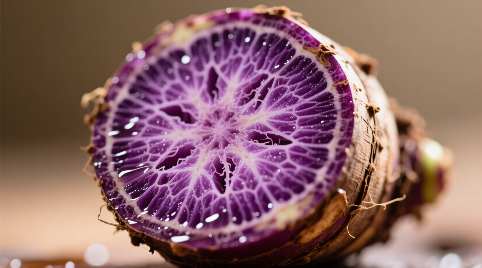 Fresh ube root with purple flesh exposed showing characteristic texture