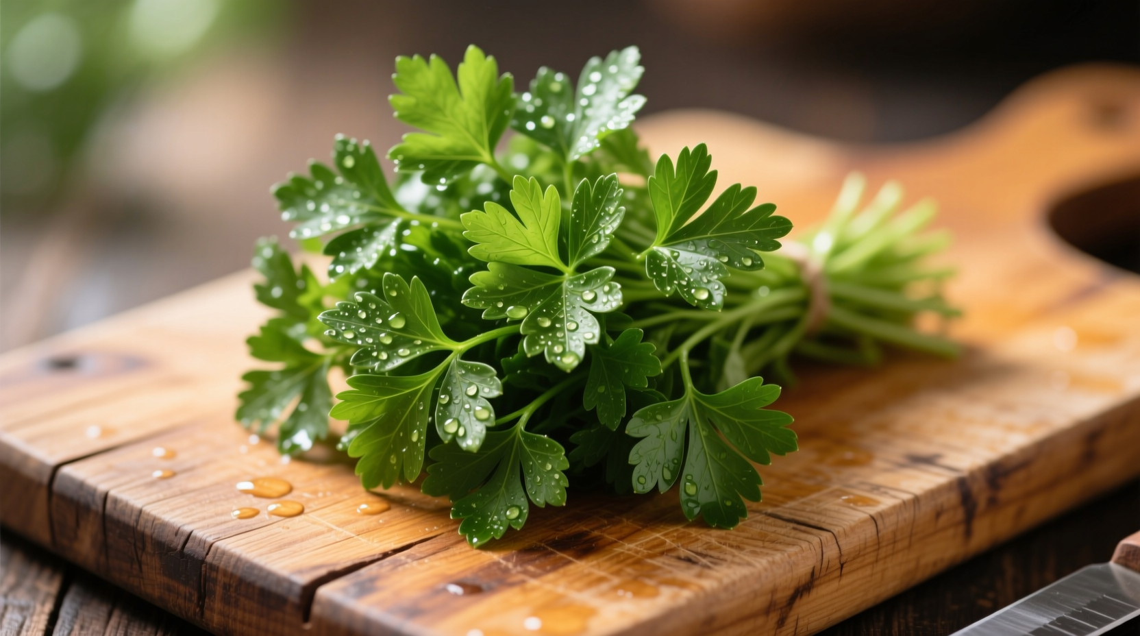 Fresh parsley bunch on wooden cutting board
