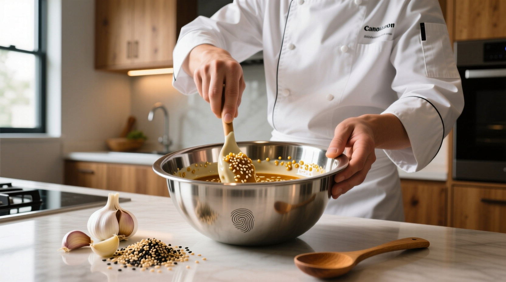 Chef preparing sesame garlic sauce in stainless steel bowl