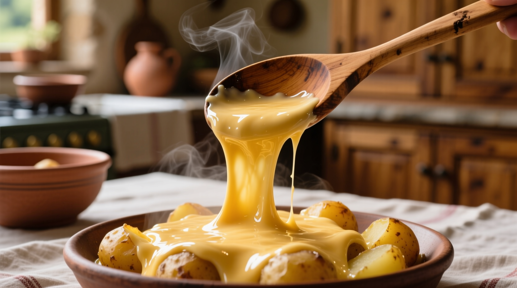 Smooth golden potato aligot being stretched with wooden spoon