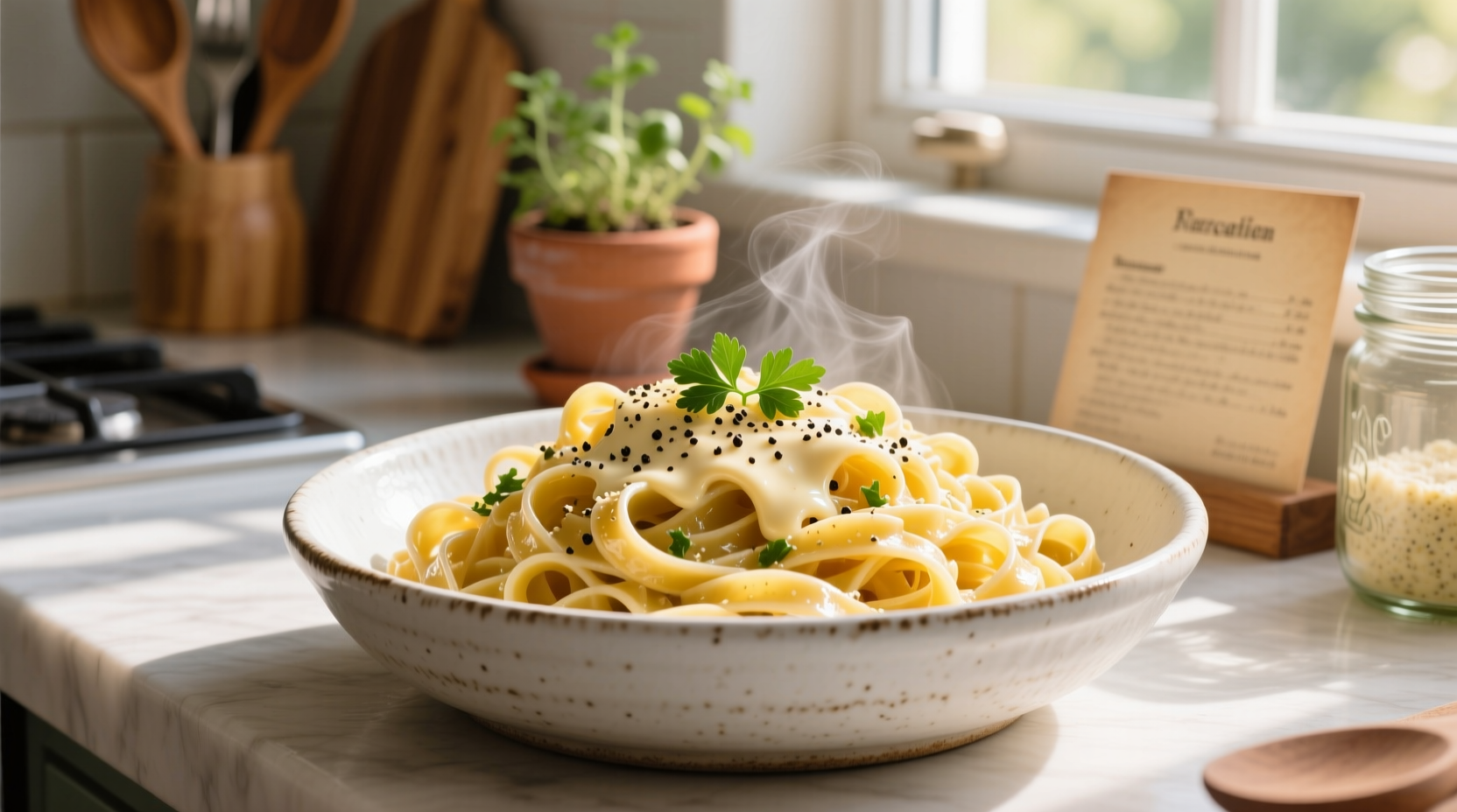 Homemade parmesan garlic sauce in white bowl with pasta
