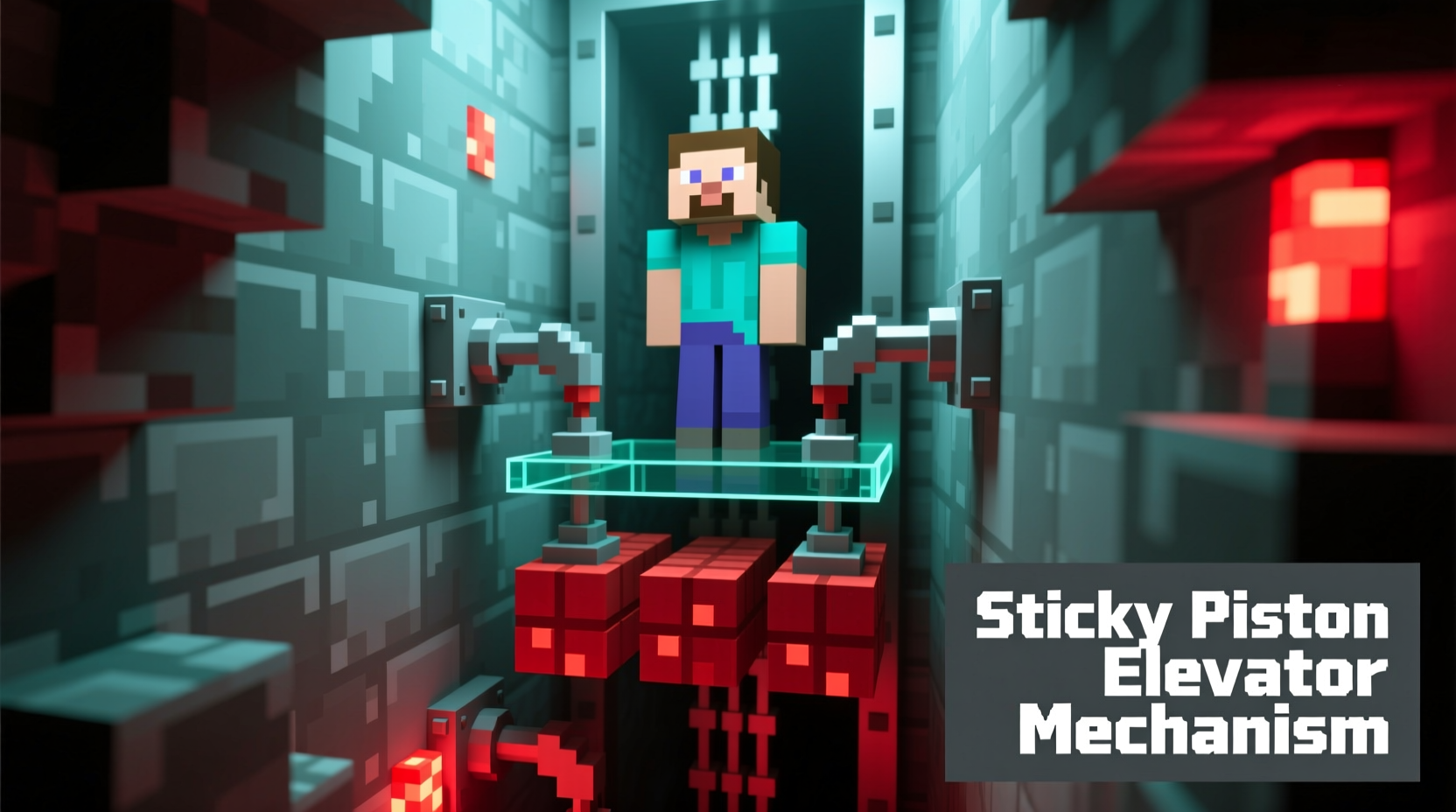 Minecraft player demonstrating sticky piston elevator mechanism