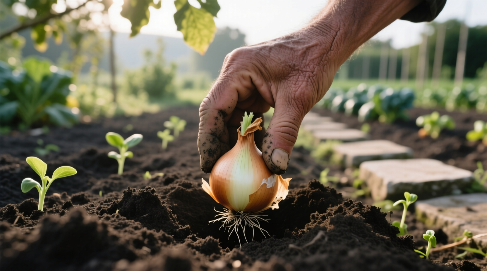 Hand planting onion bulbs in garden soil