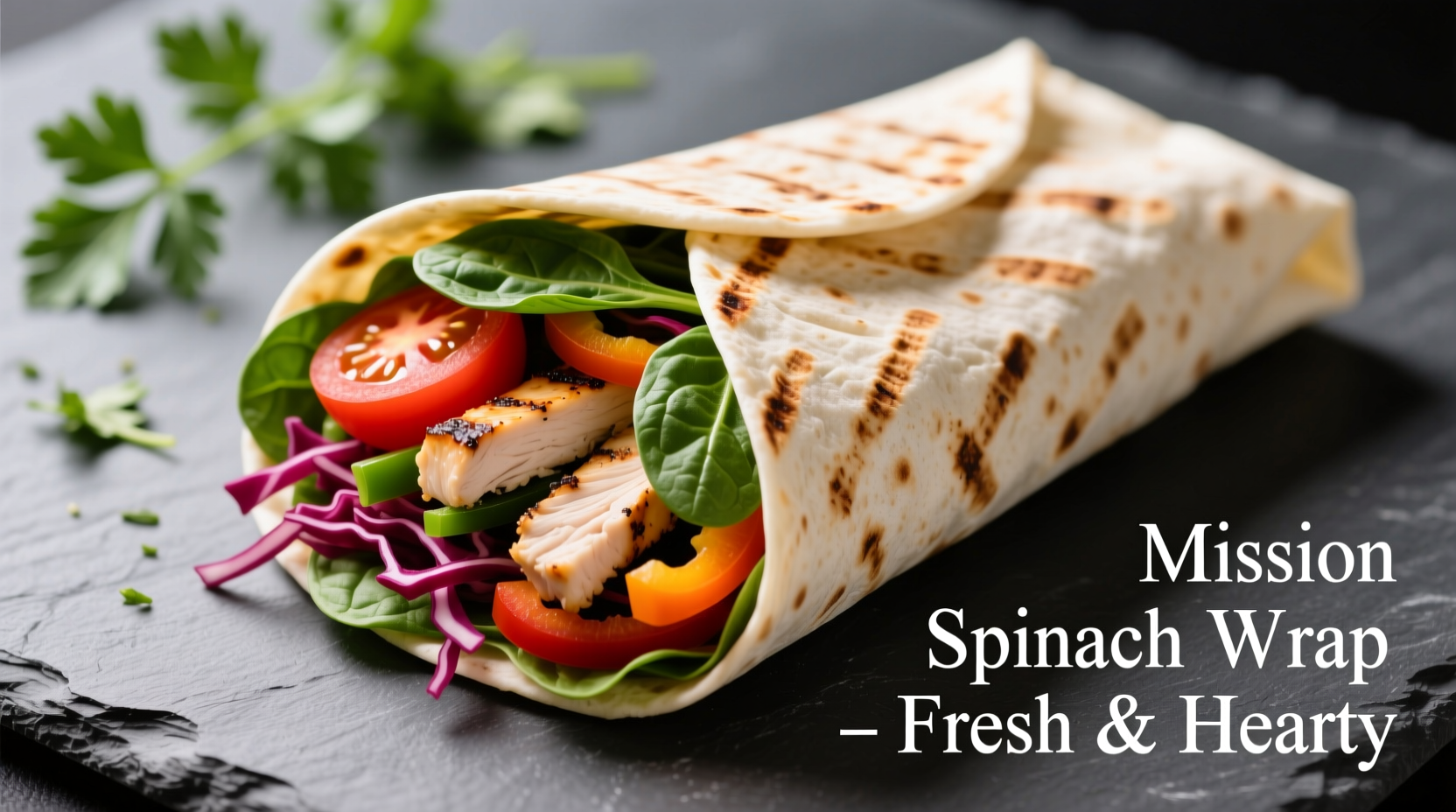 Mission spinach wrap filled with vegetables and chicken