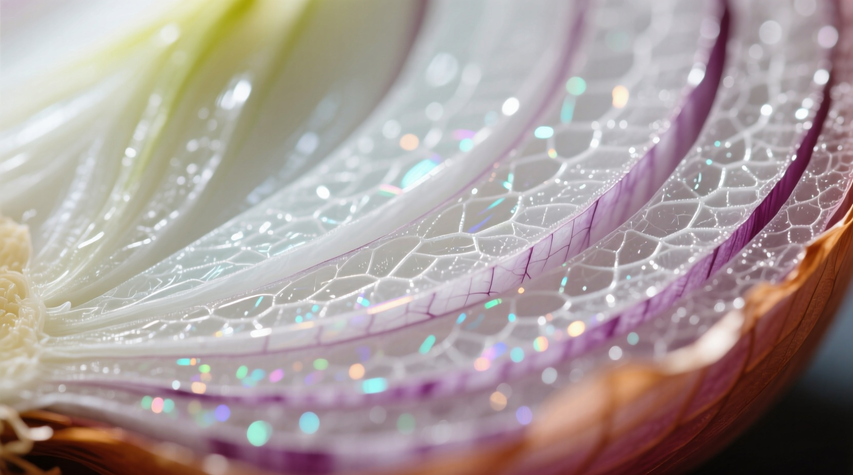 Close-up of onion skin layers showing translucent membrane