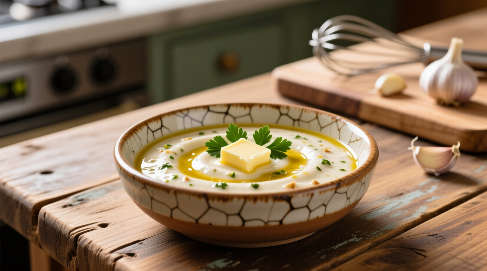 Homemade Domino's style garlic sauce in dipping bowl