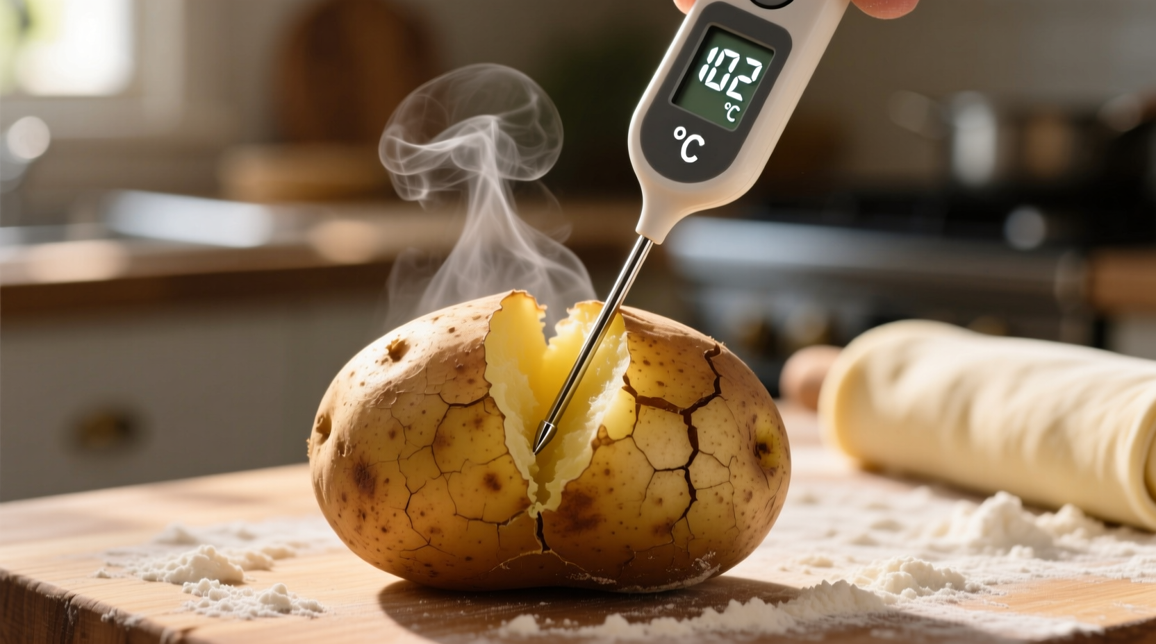 Digital thermometer measuring internal temperature of baked potato