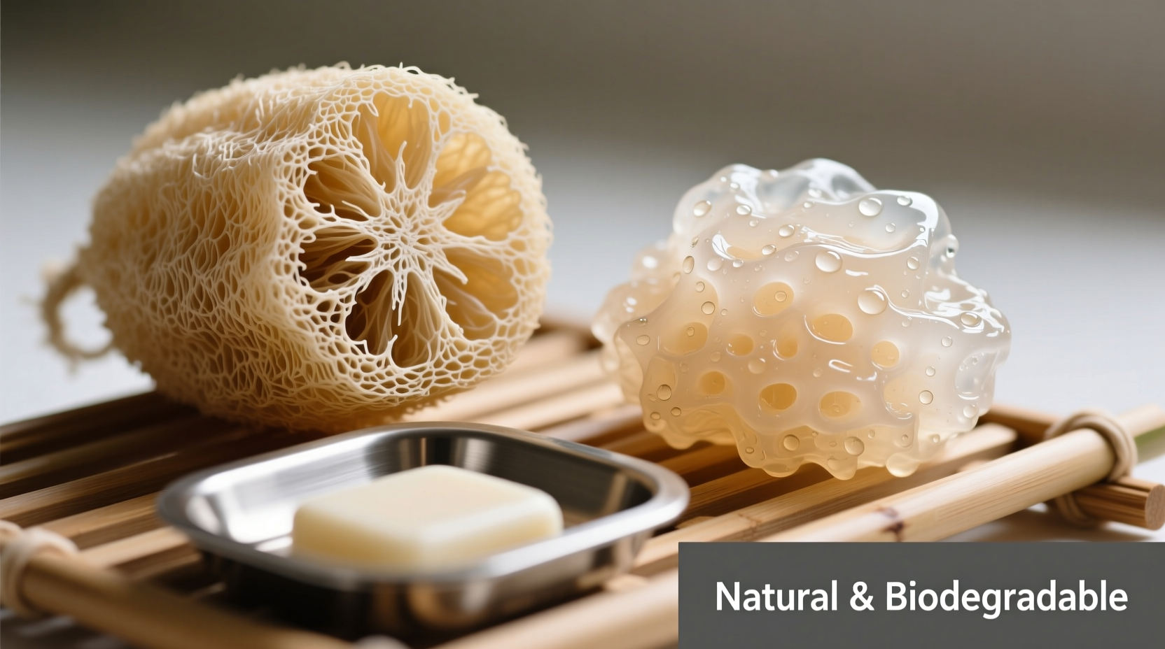 Side-by-side macro photography of a natural biodegradable loofah showing honeycomb cellulose structure and a hydrated konjac sponge revealing its porous, gelatinous matrix—both resting on a bamboo drying rack beside a stainless steel soap dish