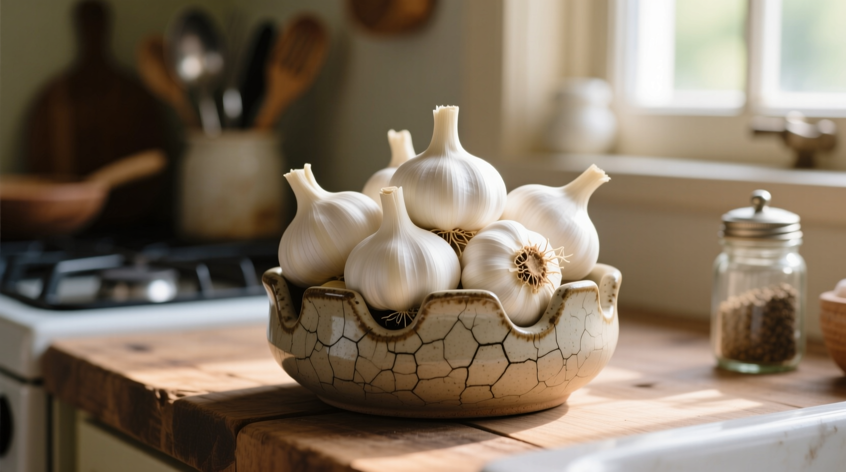 Garlic bulbs stored in a ceramic garlic keeper on a kitchen counter