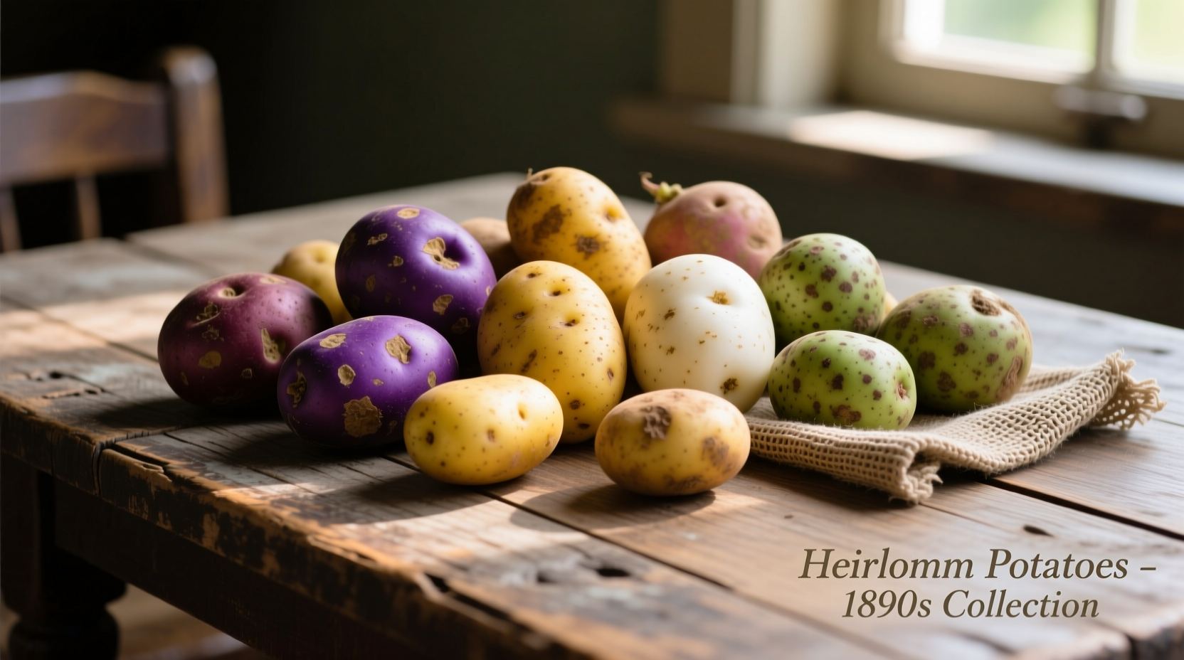 Colorful assortment of heirloom potato varieties on wooden table