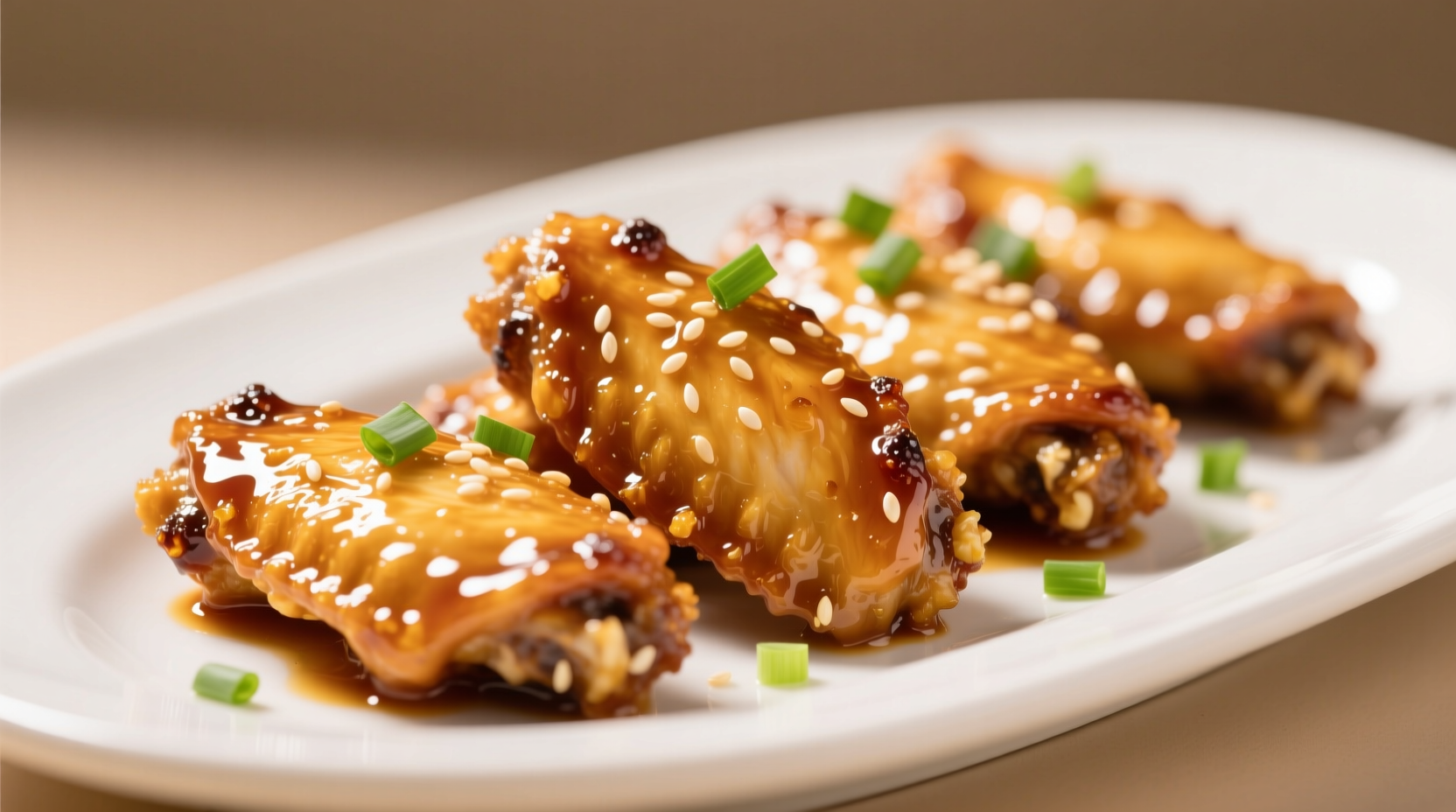 Golden honey garlic chicken wings on white plate