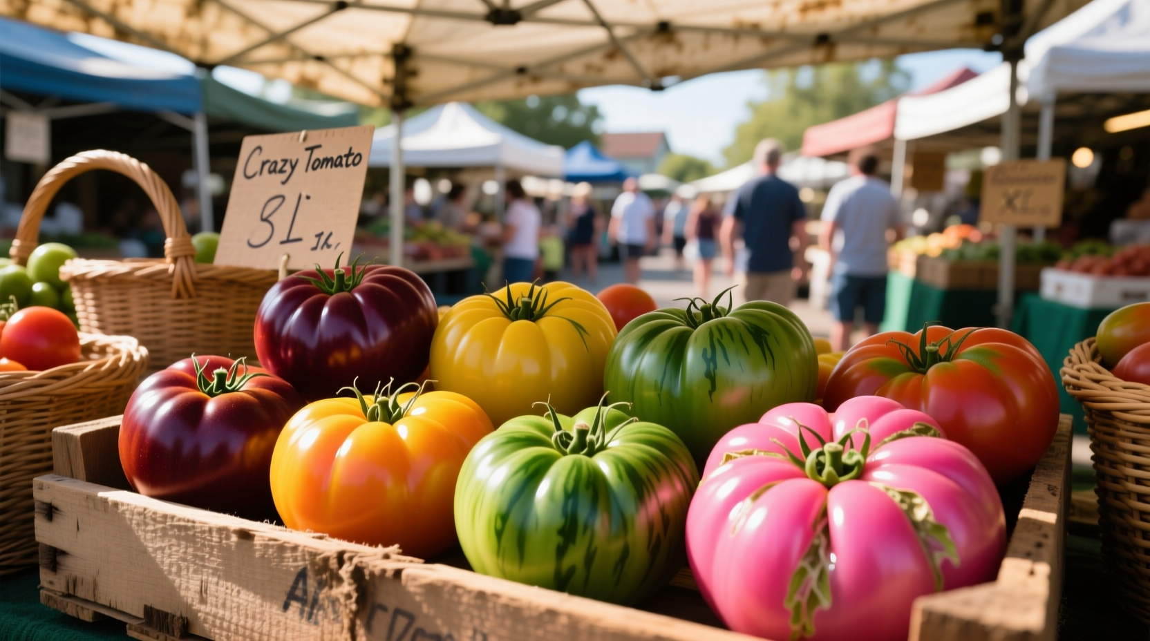 Colorful heirloom tomatoes at Crazy Tomato Allen market