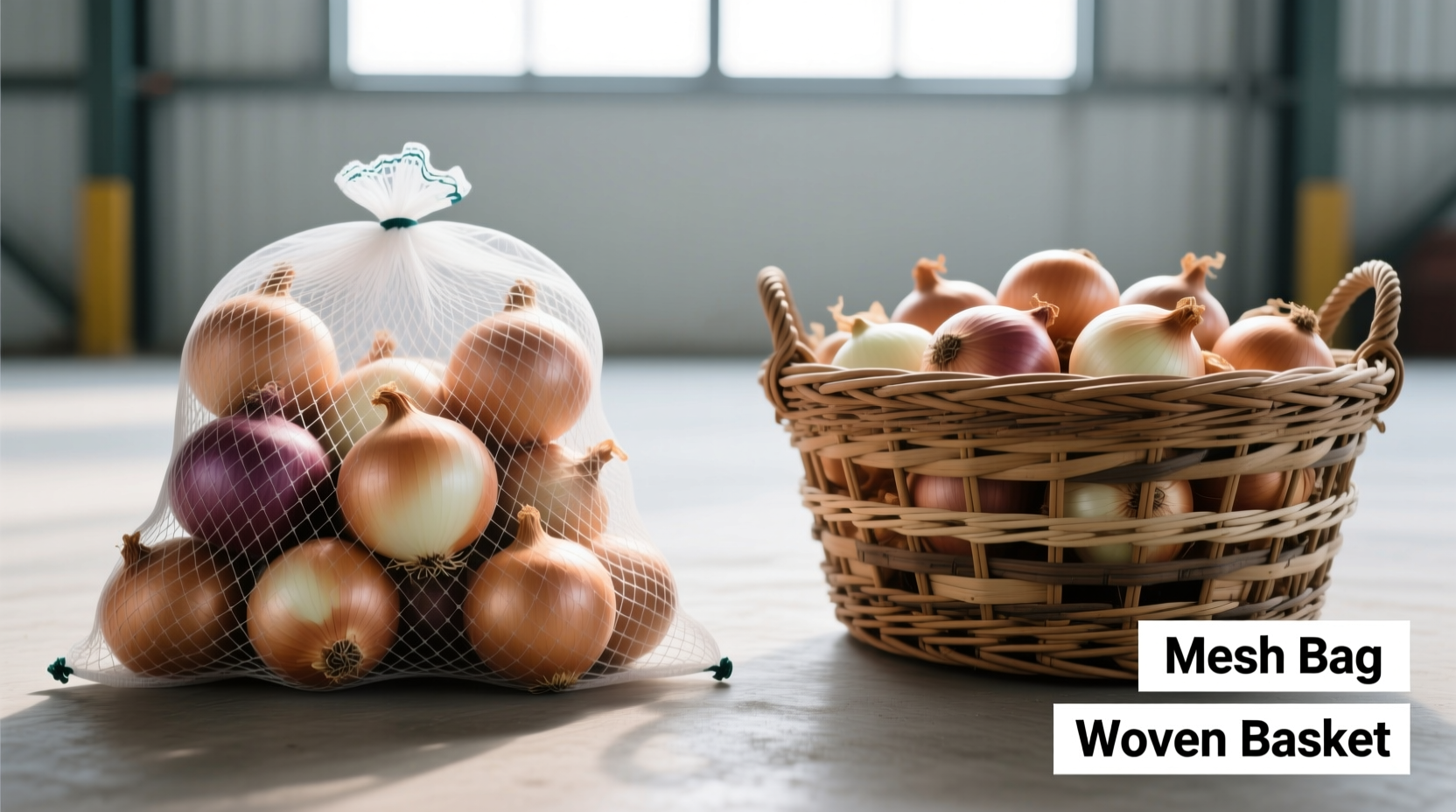 Onion storage comparison in mesh bags and baskets