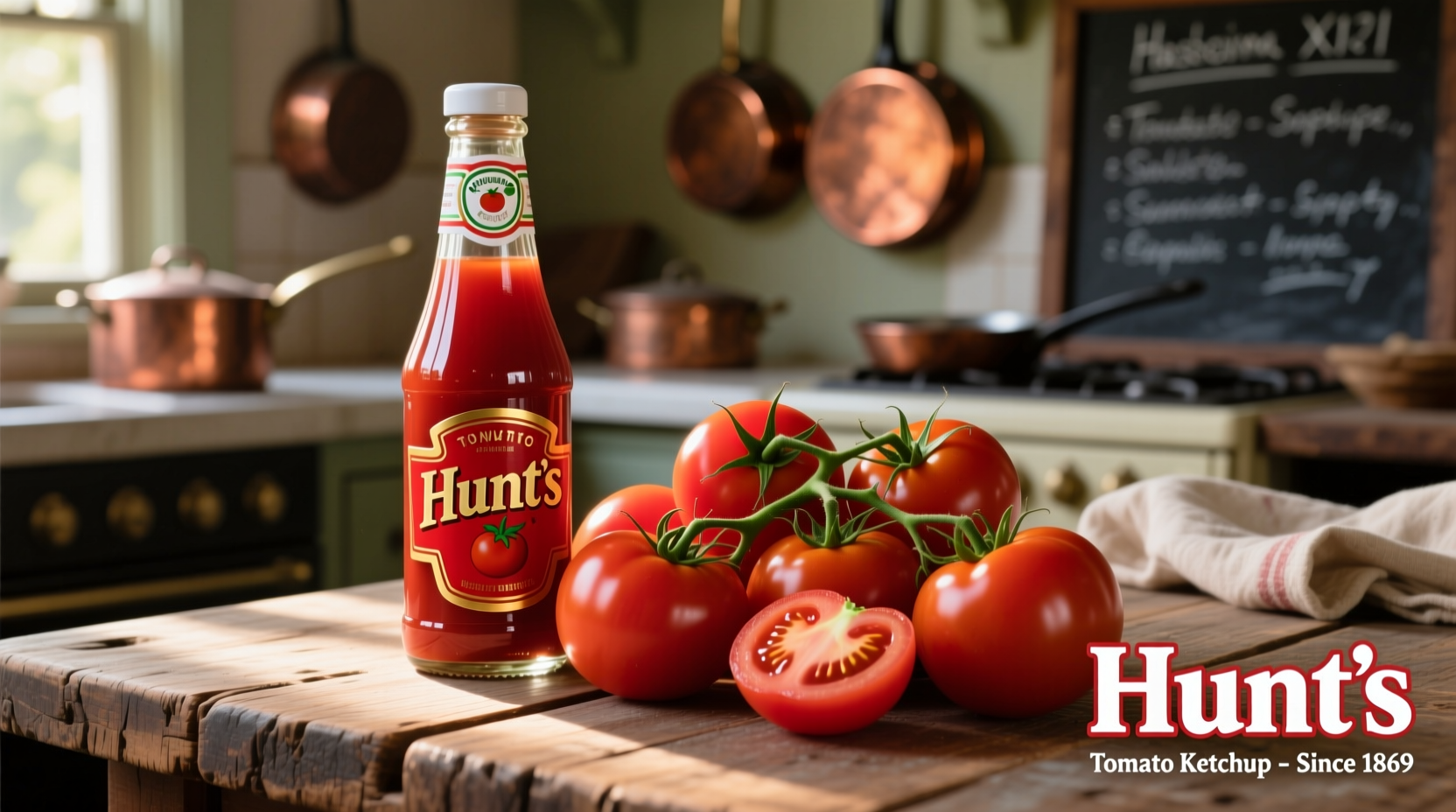 Hunt's tomato ketchup bottle next to fresh tomatoes