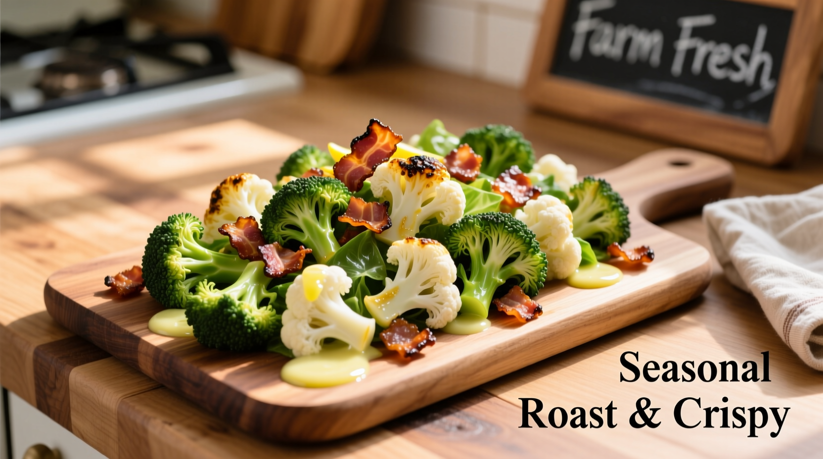 Roasted broccoli cauliflower salad with crispy bacon