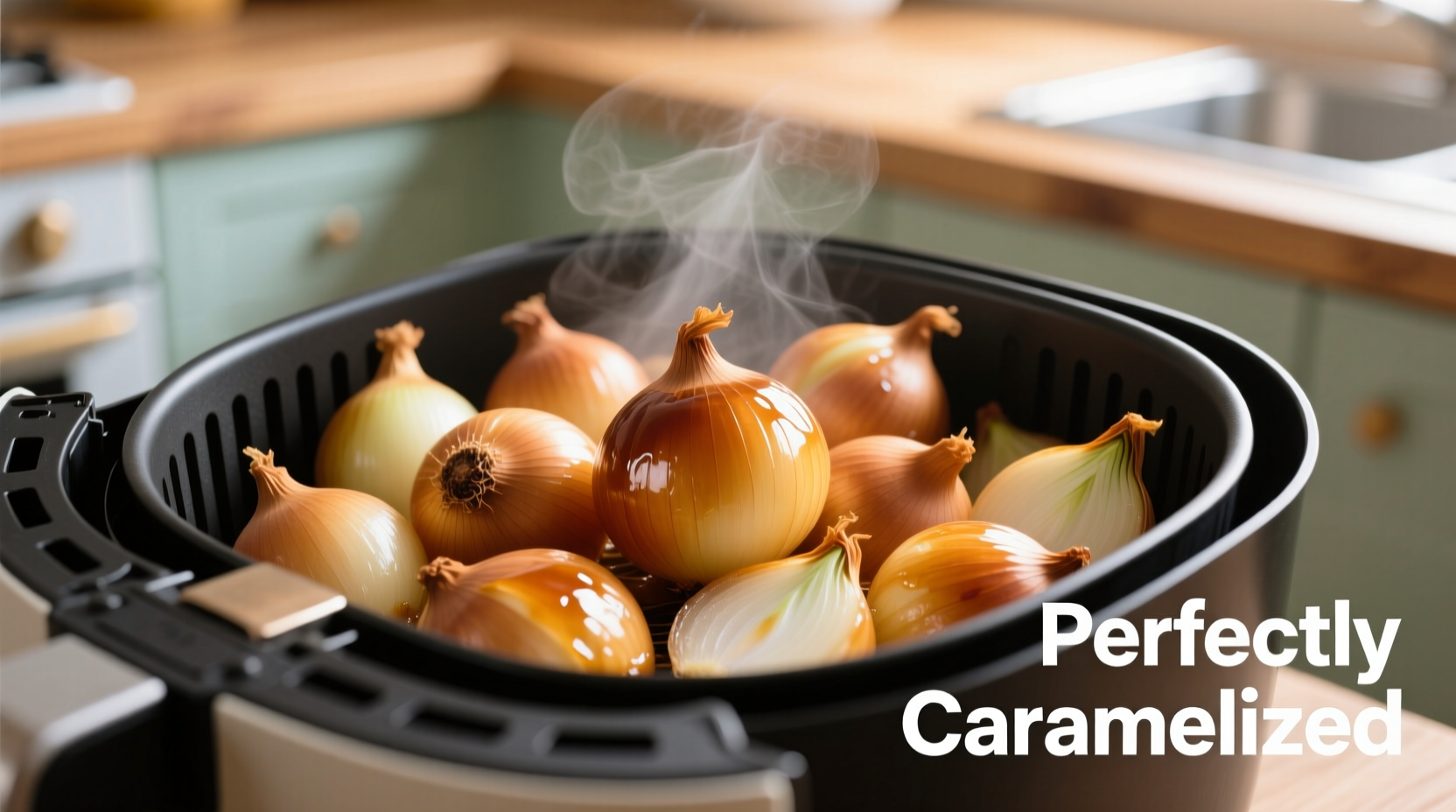 Perfectly caramelized onions in air fryer basket