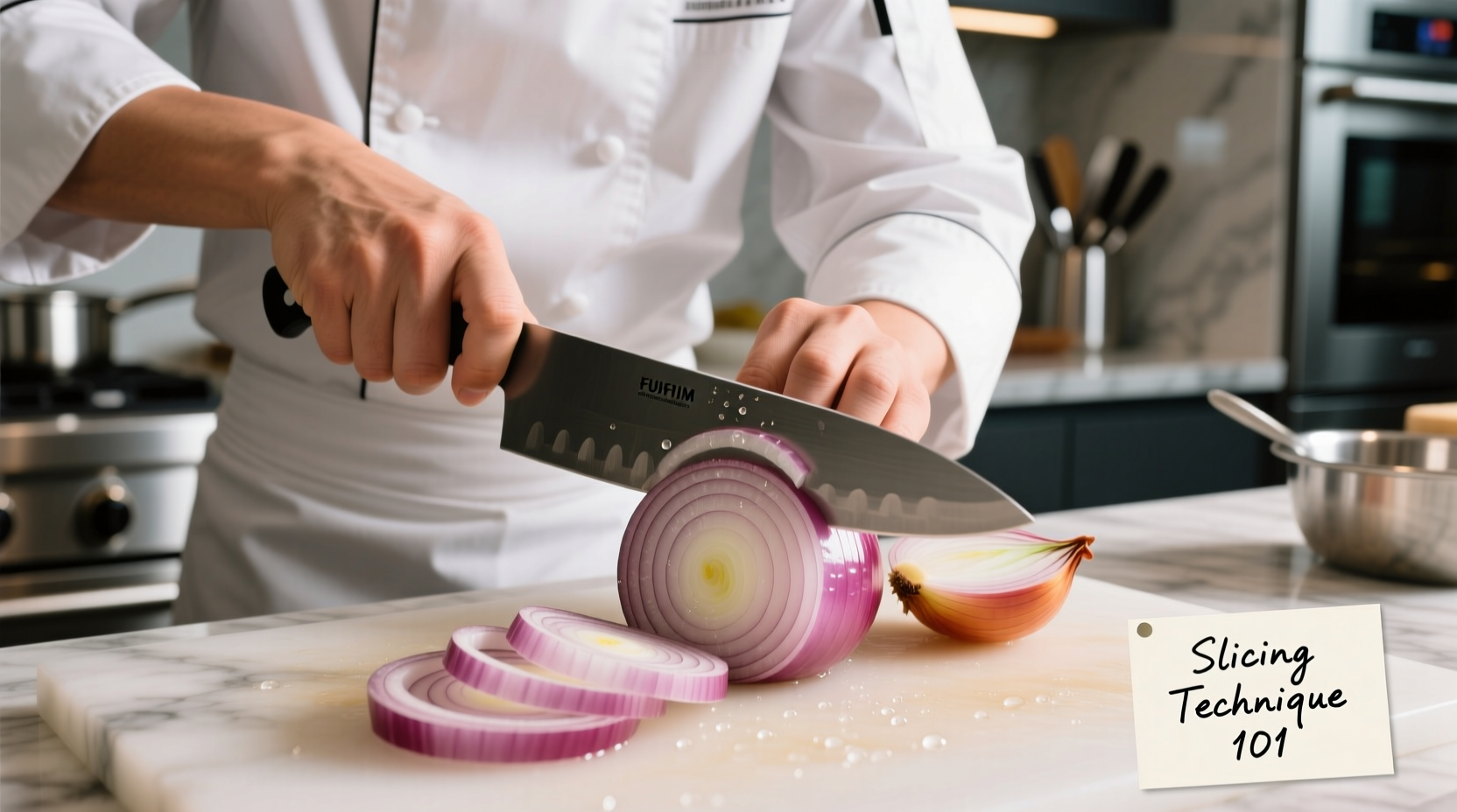 Chef slicing onions with proper technique