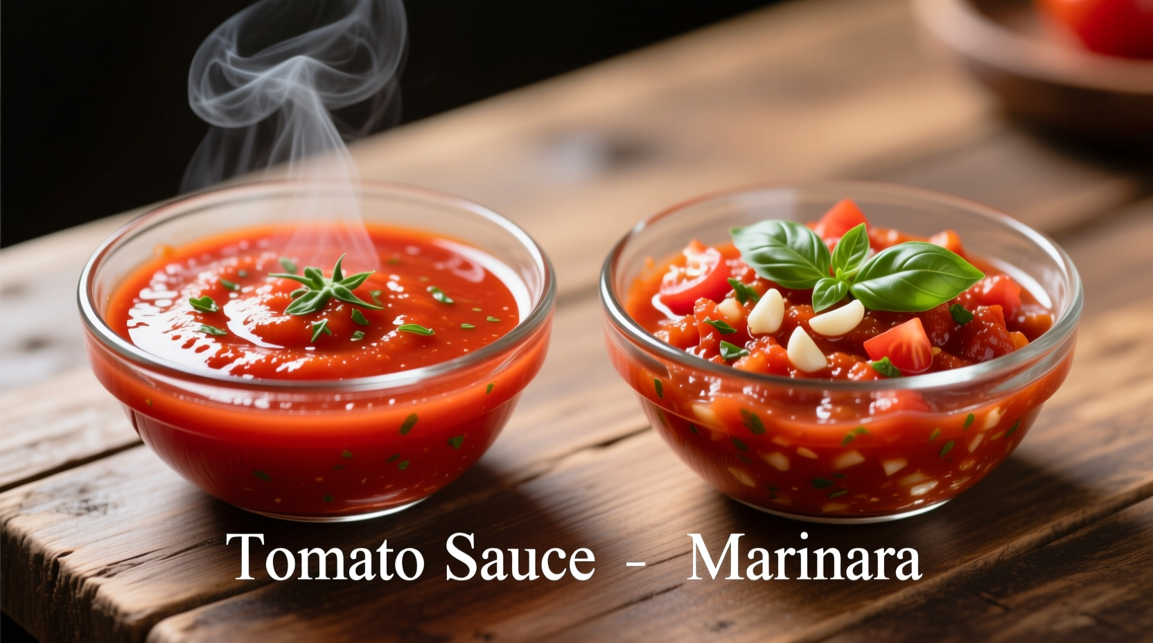 Tomato sauce and marinara side by side in clear bowls