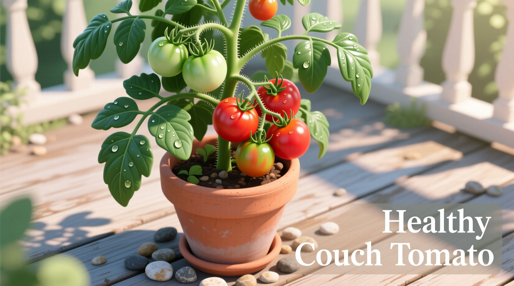 Healthy Couch Tomato plant growing in container on patio