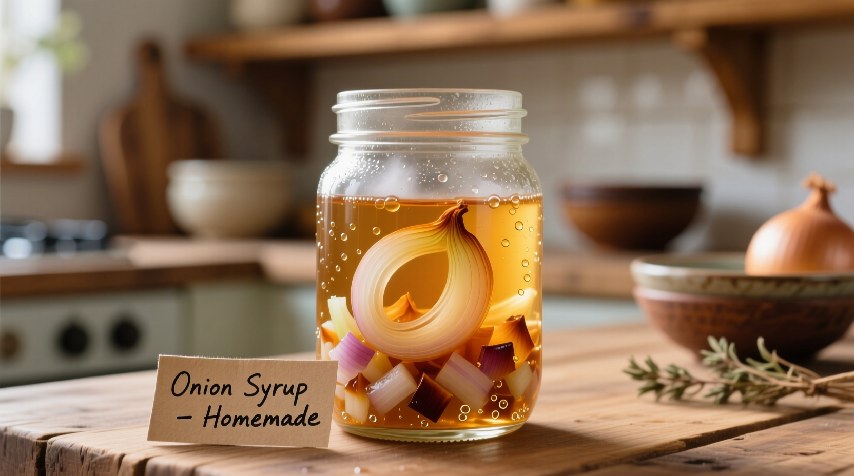 Freshly prepared onion syrup in glass jar with onions
