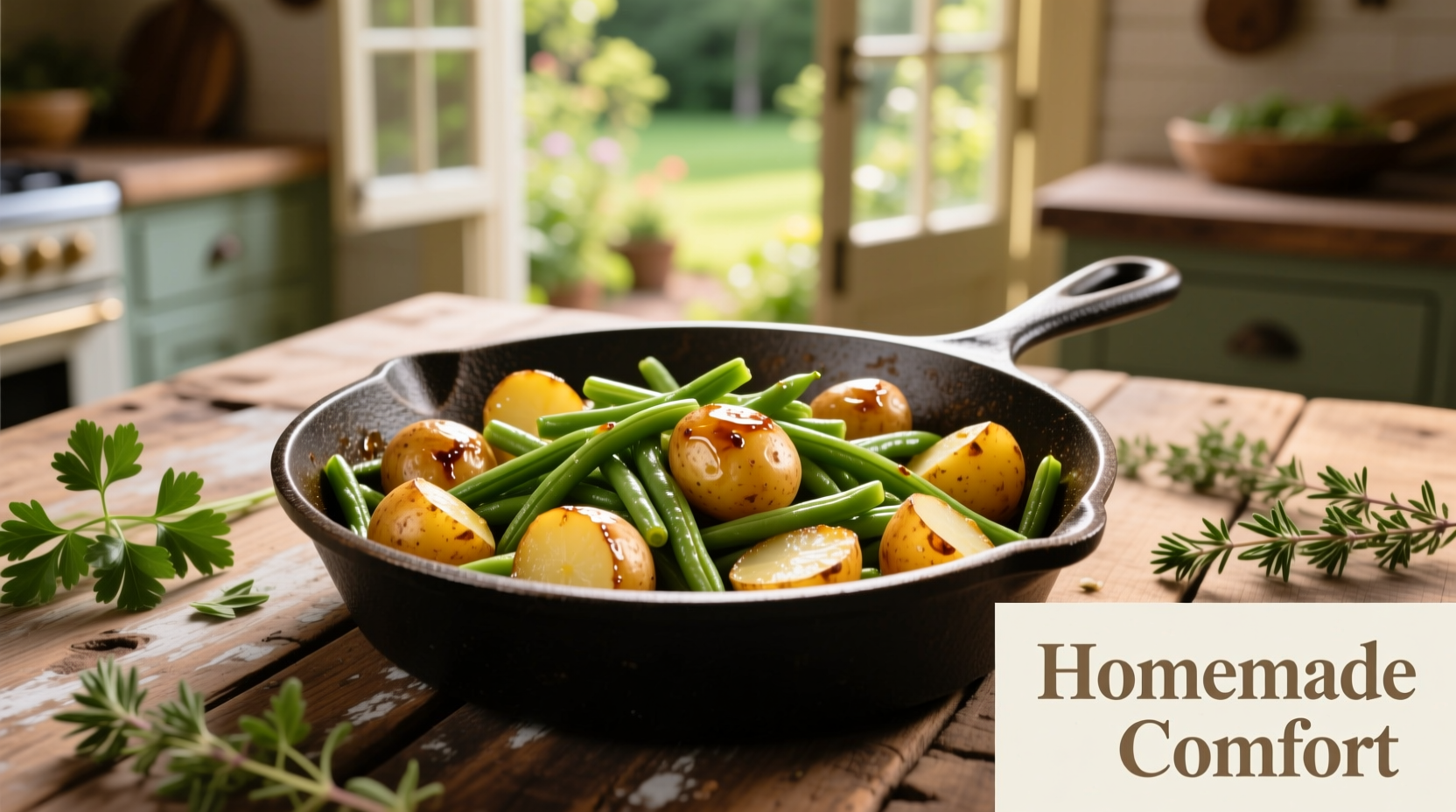Perfectly cooked potato green beans in cast iron skillet