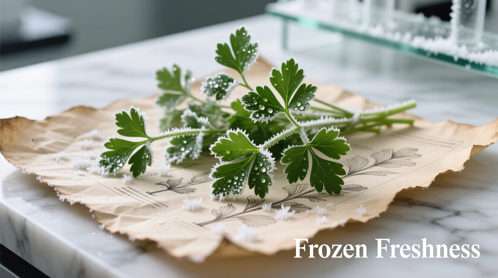 Fresh parsley sprigs arranged on parchment paper before freezing