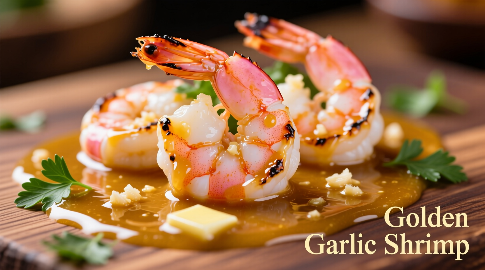 Perfectly cooked shrimp in golden garlic sauce