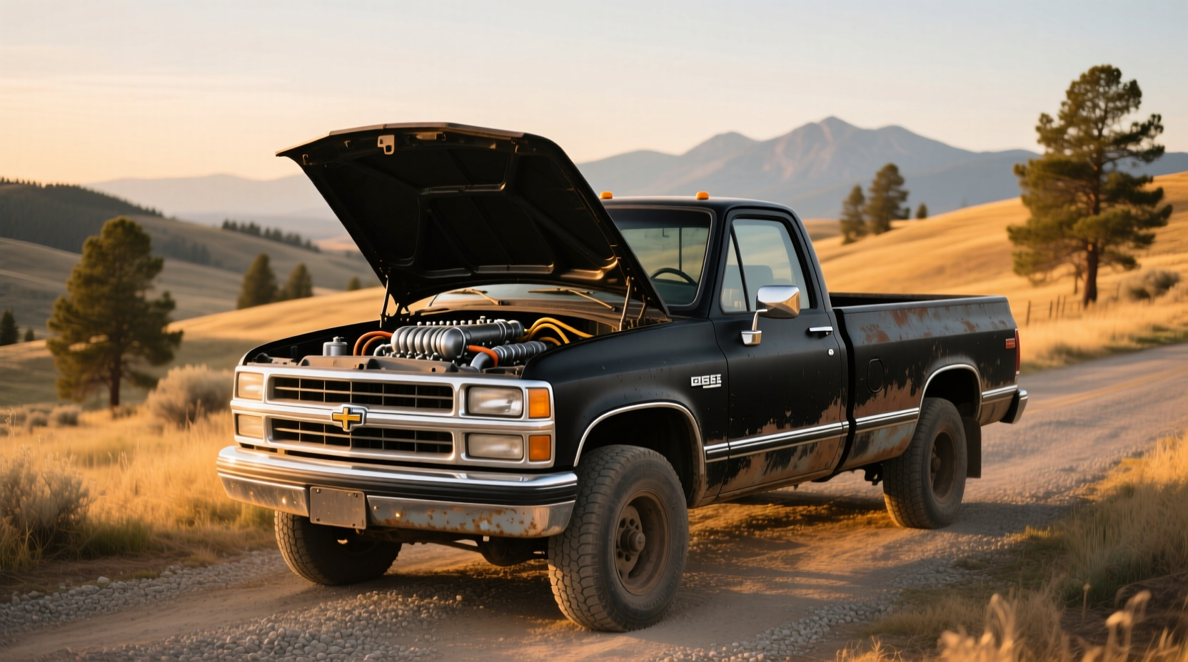 Used diesel pickup truck parked on rural terrain