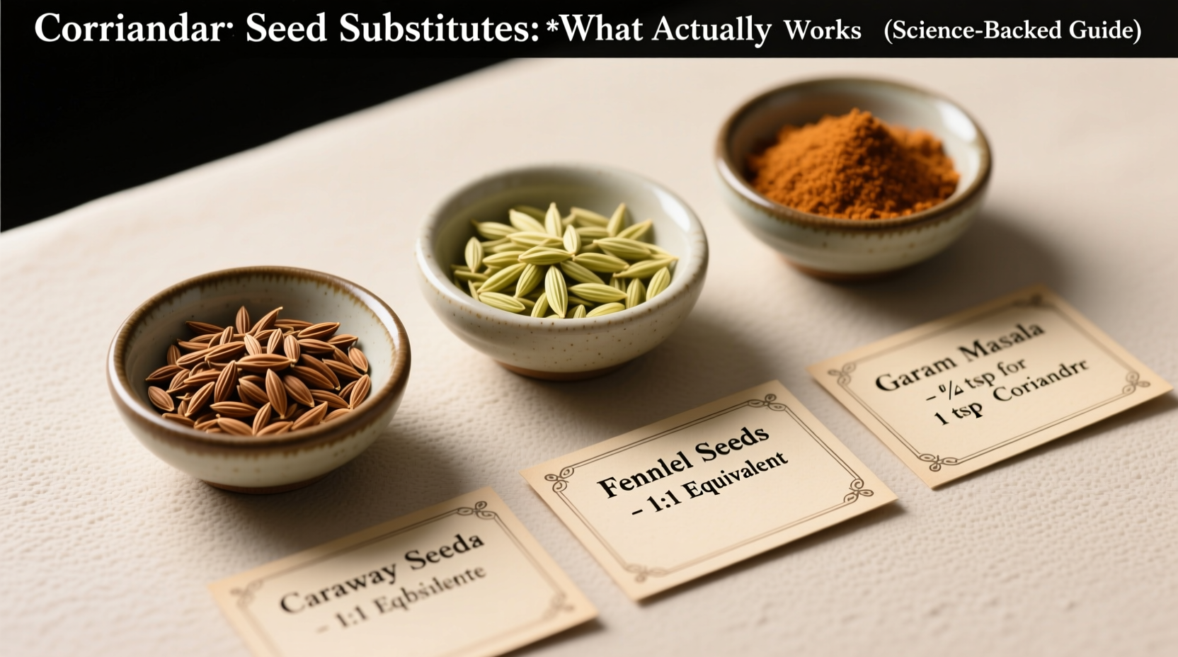 Three small bowls: caraway seeds, fennel seeds, and garam masala arranged beside recipe cards