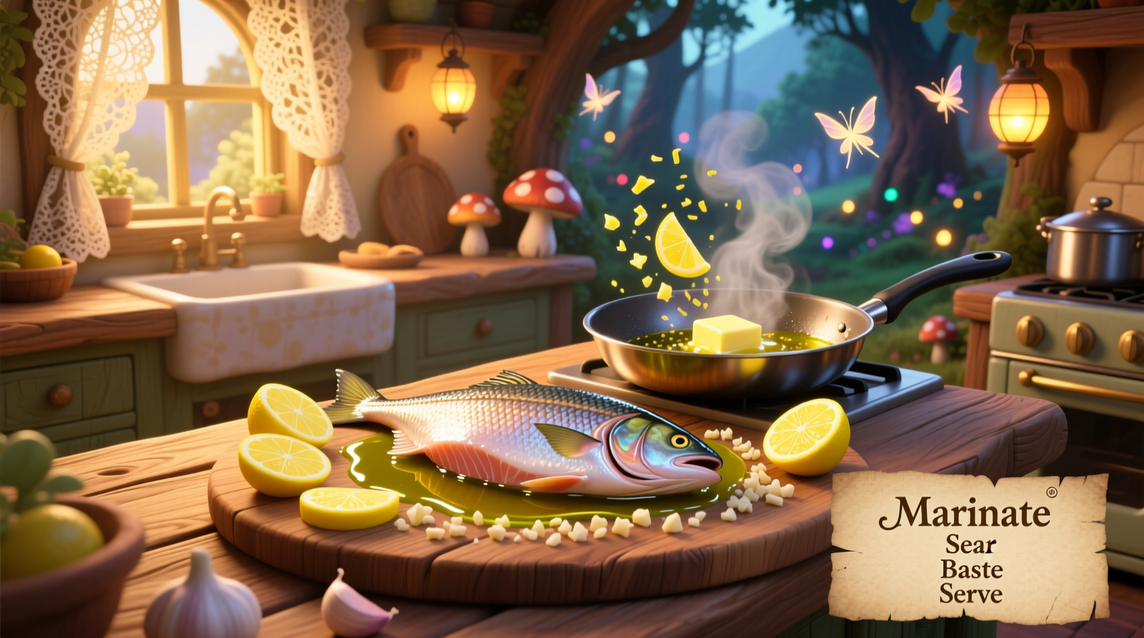 Lemon garlic swordfish cooking process in Dreamlight Valley