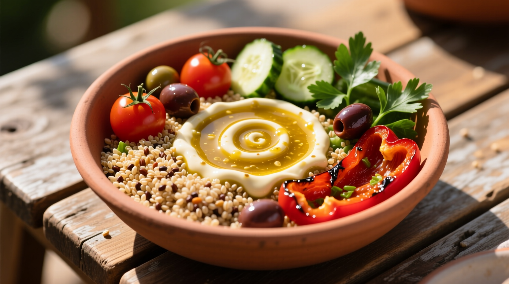 Cava garlic dressing drizzled over Mediterranean grain bowl
