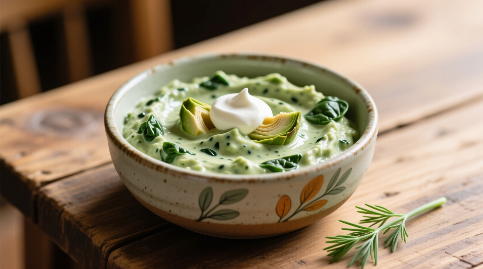 Creamy green spinach and artichoke dip in ceramic bowl