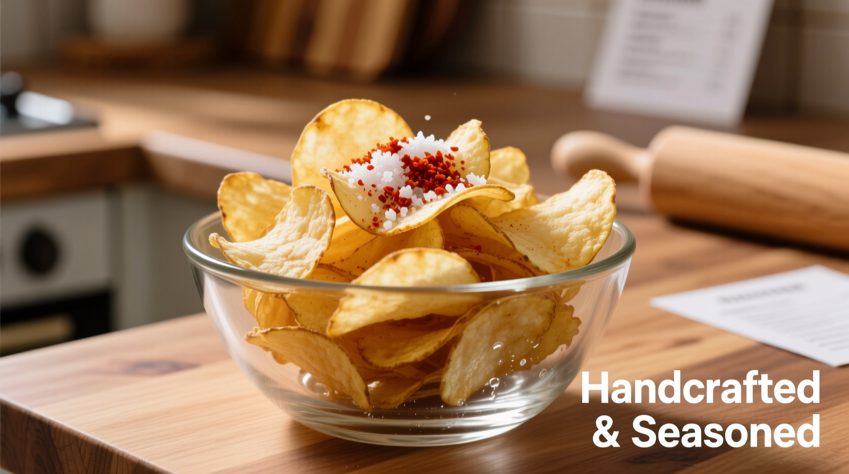 Homemade potato chips in a glass bowl with seasoning